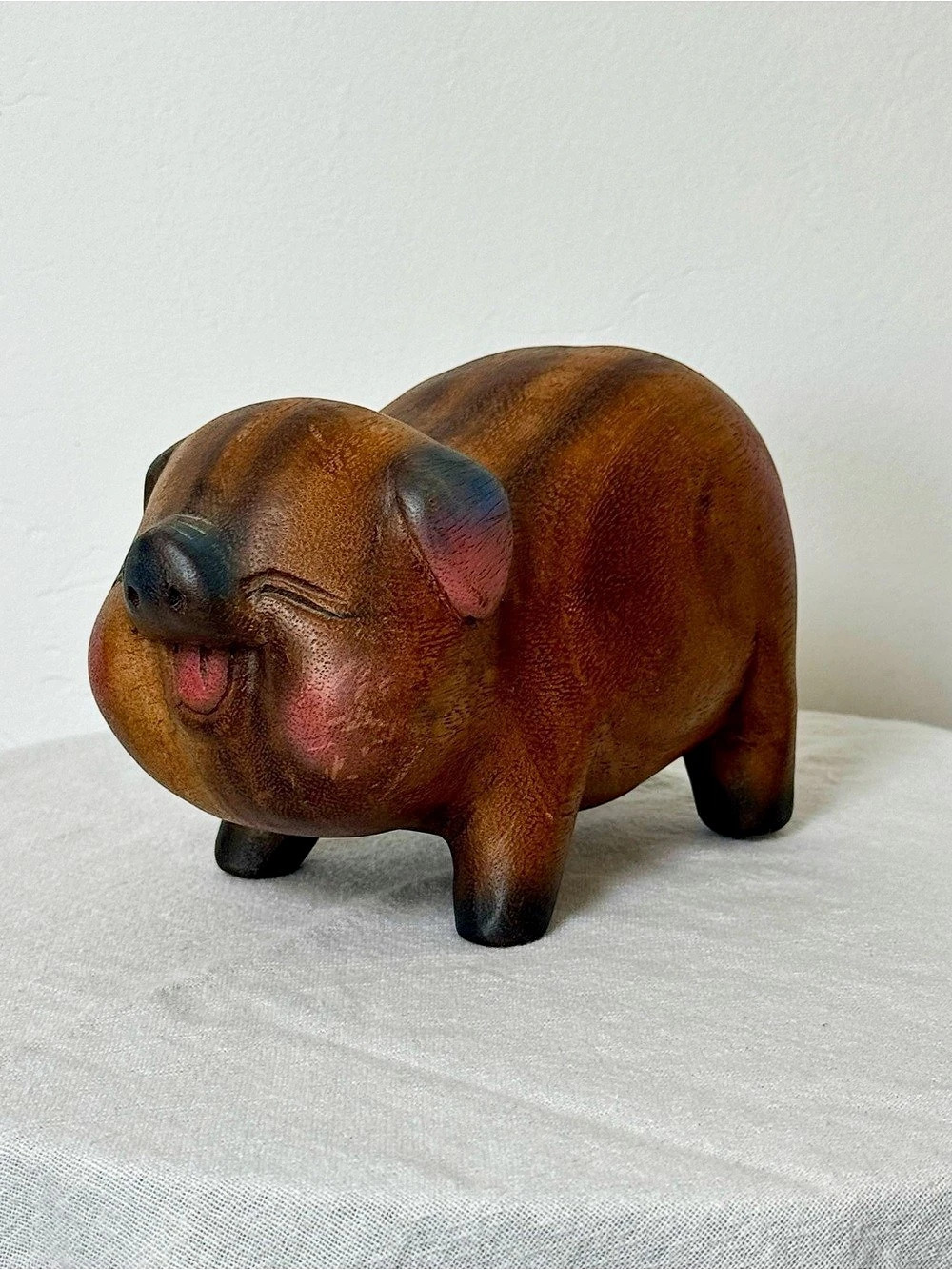 Vintage Hand Carved Solid Wood Chinese Folk Art Pig Figurine
